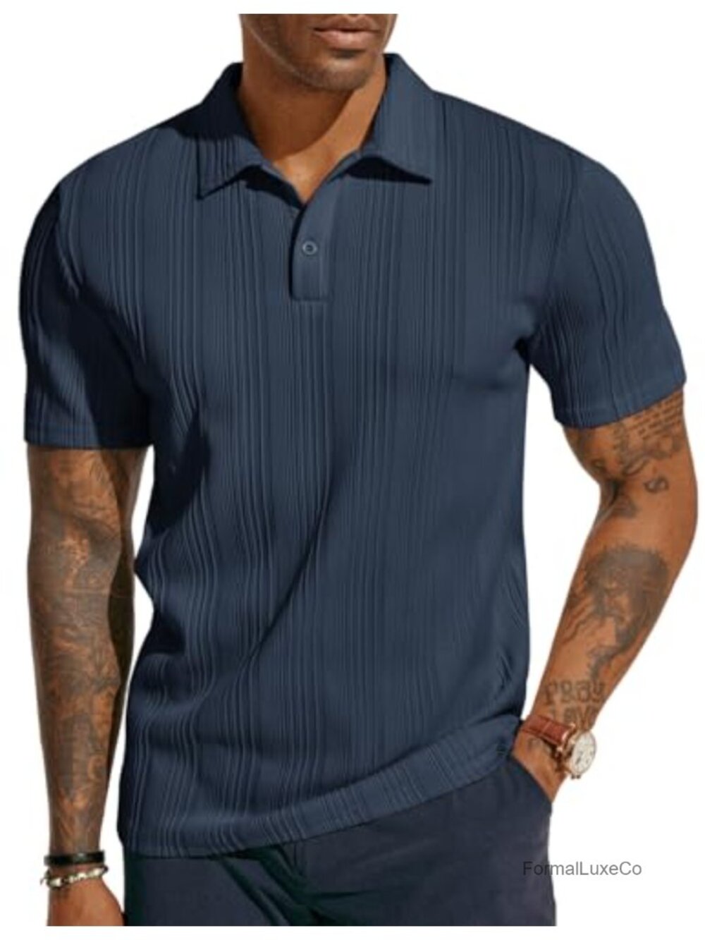 Mens Textured Knit Polo Shirt Short Sleeve Breathable Stretch Casual Golf